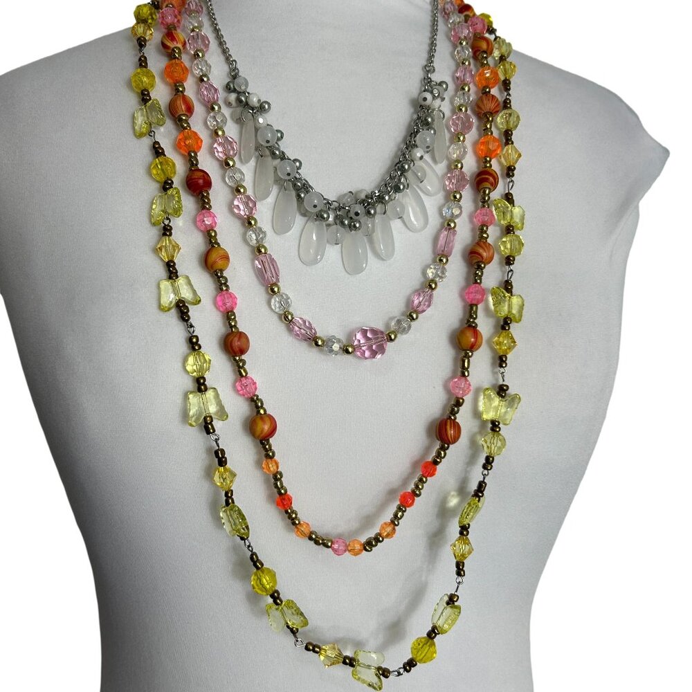 Lot 4 Acrylic Beaded Necklaces Yellow Orange White Gold & Silver Tone Spacers